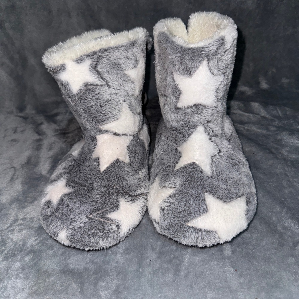Jessica Simpson Girls Star Print Slipper Boots XL 4-5 Grey Faux Fur Trim